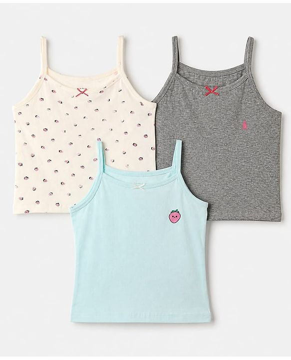 Pine Kids Cotton Mix Knit Slips with Sleeveless and Strawberry Print in White, Blue & Grey Pack of 3