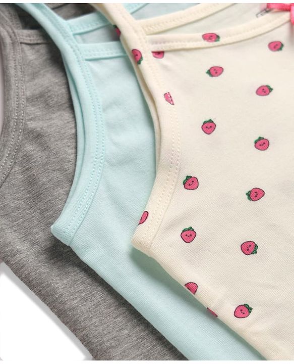 Pine Kids Cotton Mix Knit Slips with Sleeveless and Strawberry Print in White, Blue & Grey Pack of 3