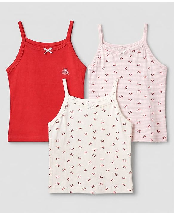 Pine Kids Cotton Lycra Knit Sleeveless Slips with Bows Print and Bow Embroidery Pack of 3 - White Red & Pink