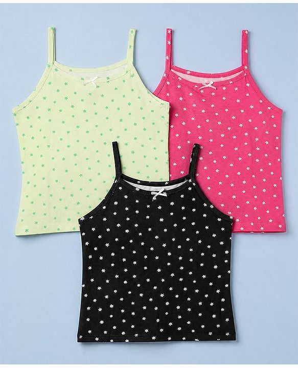 Pine Kids Cotton Lycra Knit Slips with Sleeveless and Floral Print Pack of 3 - Pink Green & Black