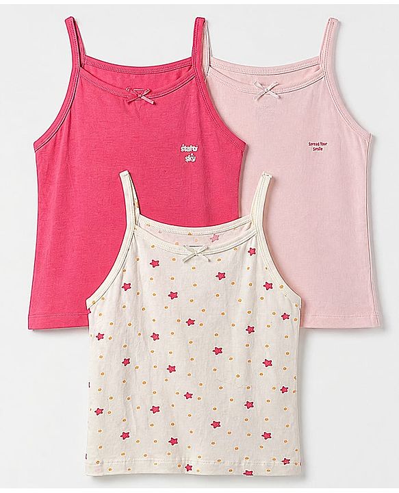 Pine Kids Cotton Lycra Knit Sleeveless Slips with Star Print Pack of 3 - White Pink & Dark Pink