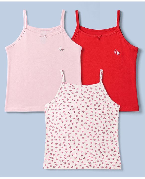 Pine Kids Cotton Lycra Knit Sleeveless Slips with Heart Print Pack of 3 - White Red & Pink