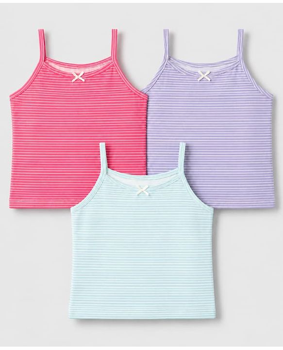 Pine Kids Cotton Mix Knit Slips with Bow Applique and Striped Print in Pink,Sea Green & Purple Pack of 3