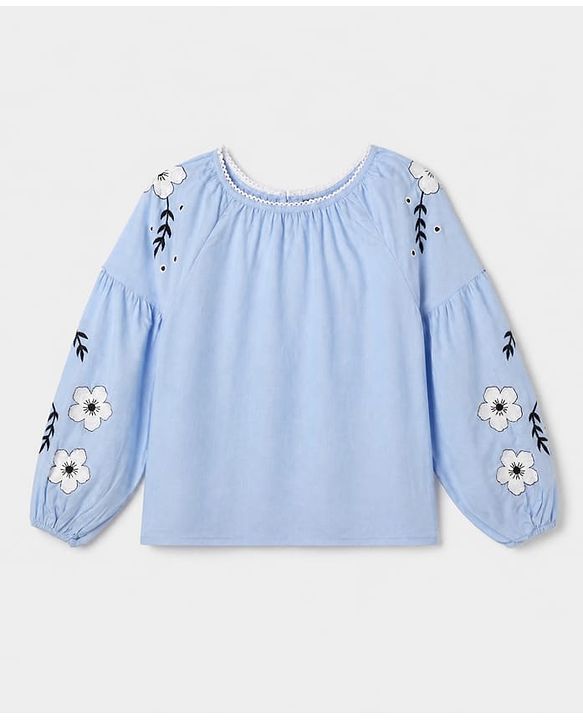 Pine Kids Woven Top with Full Raglan Sleeves and Floral Print in Blue