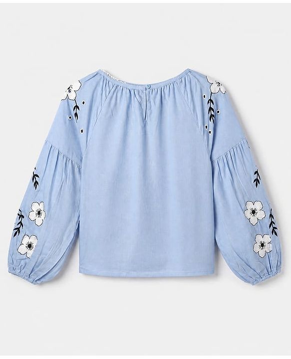 Pine Kids Woven Top with Full Raglan Sleeves and Floral Print in Blue