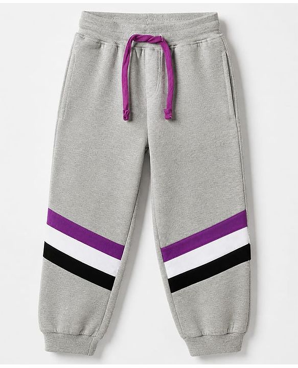 Pine Kids Cotton Fleece Knit Full Sleeves Hooded Winter Sweatshirt and Jogger with Full Length and Hustle Harder Print - Purple & Light Grey