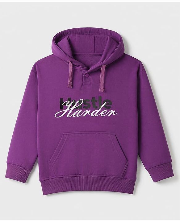 Pine Kids Cotton Fleece Knit Full Sleeves Hooded Winter Sweatshirt and Jogger with Full Length and Hustle Harder Print - Purple & Light Grey