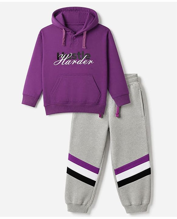 Pine Kids Cotton Fleece Knit Full Sleeves Hooded Winter Sweatshirt and Jogger with Full Length and Hustle Harder Print - Purple & Light Grey