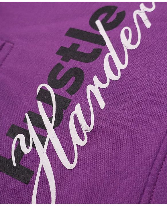 Pine Kids Cotton Fleece Knit Full Sleeves Hooded Winter Sweatshirt and Jogger with Full Length and Hustle Harder Print - Purple & Light Grey