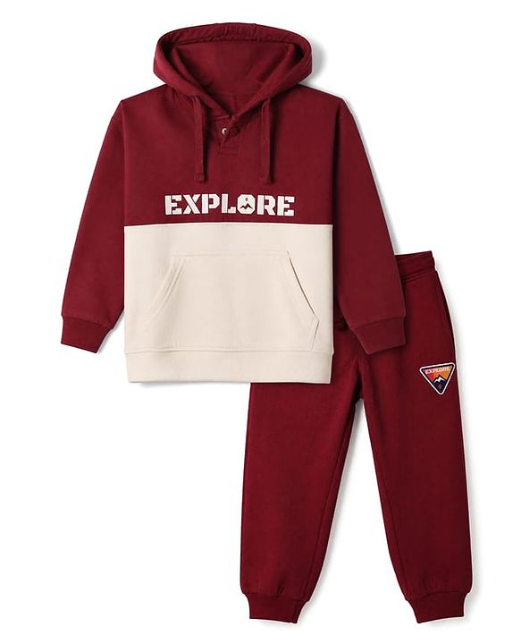 Pine Kids Fleece Knit Full Sleeves Hooded Winter Wear Suit With Text Print - Red