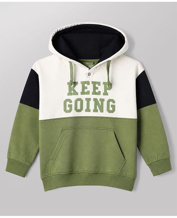 Pine Kids Fleece Knit Full Sleeves Hooded Winter Wear Suit With Text Print - Green