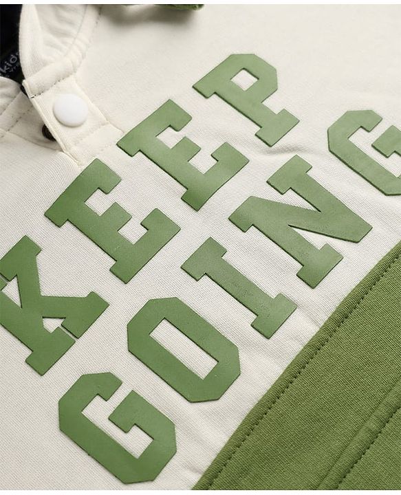 Pine Kids Fleece Knit Full Sleeves Hooded Winter Wear Suit With Text Print - Green