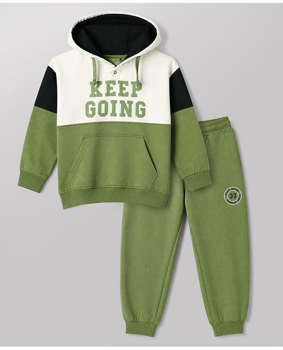 Pine Kids Fleece Knit Full Sleeves Hooded Winter Wear Suit With Text Print - Green