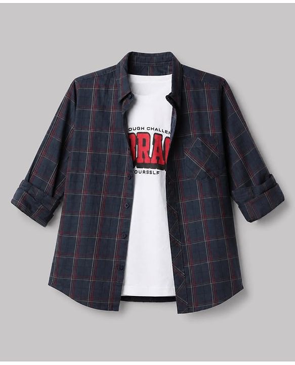 Pine Kids 100% Cotton Woven Full Sleeves Checked Shirt and T-Shirt with Shine Through Challenges Embrace To Yourself Print - Grey