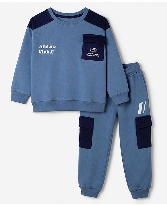 Pine Kids Fleece Full Sleeves Winter Wear Suits with Athletic Club Print in Blue