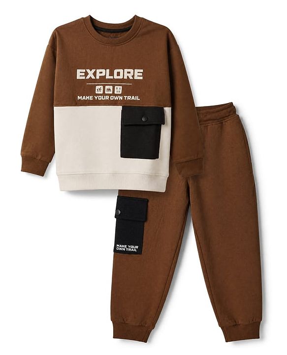 Pine Kids Fleece Knit Full Sleeves Winter Wear Suit With Text Print - Brown