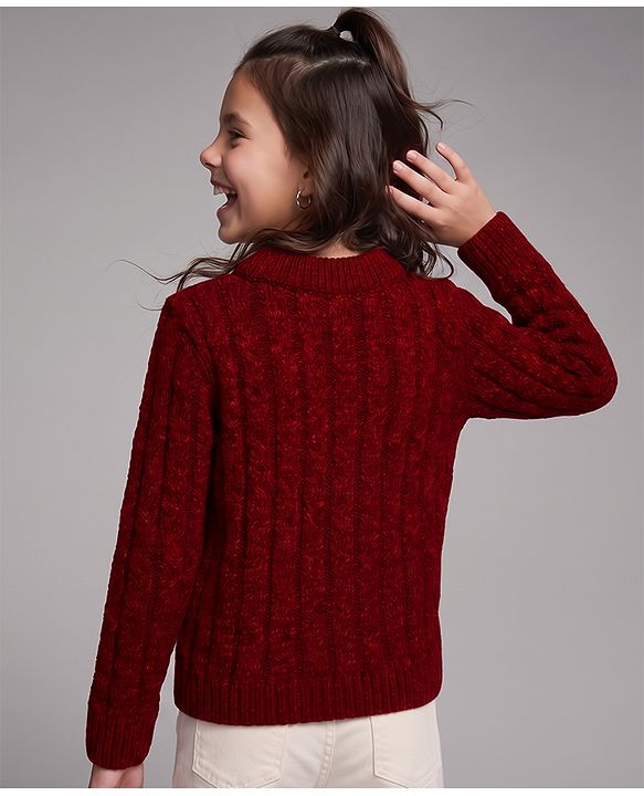Pine Kids Cotton Blend Knit Pullovers with Full Sleeves & Cable Knit Design - Red