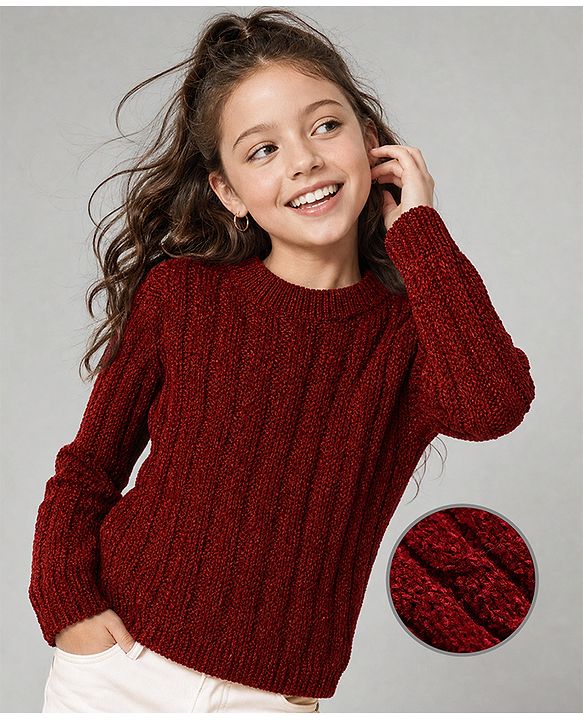 Pine Kids Cotton Blend Knit Pullovers with Full Sleeves & Cable Knit Design - Red