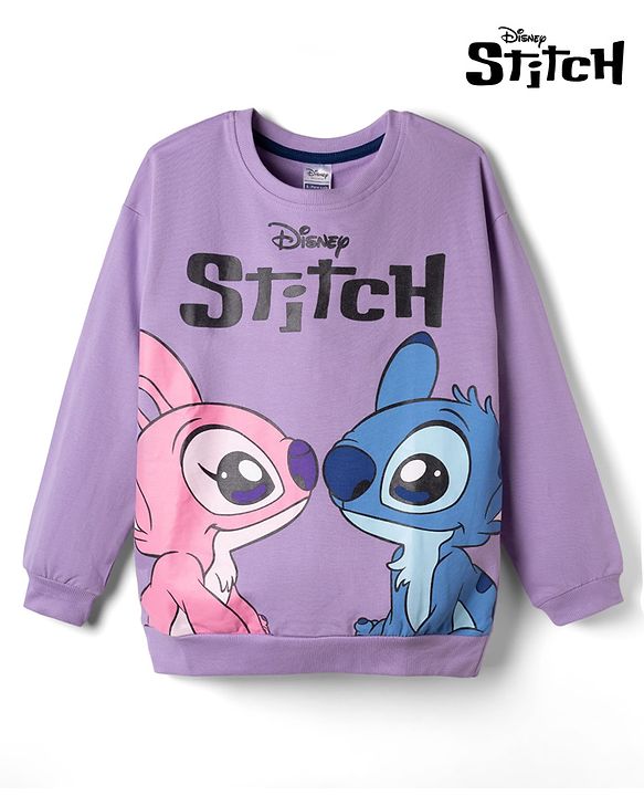 Pine Kids Disney 100% Cotton Terry Knit Sweatshirt with Full Sleeves and Angel and Stitch Print - Lavender