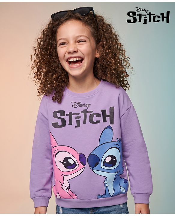 Pine Kids Disney 100% Cotton Terry Knit Sweatshirt with Full Sleeves and Angel and Stitch Print - Lavender