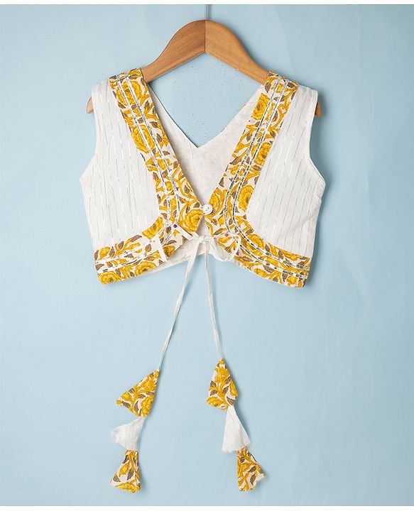 Pine Kids 100% Cotton Woven Sleeveless Choli and Lehenga Set With Dupatta & Floral Print in White