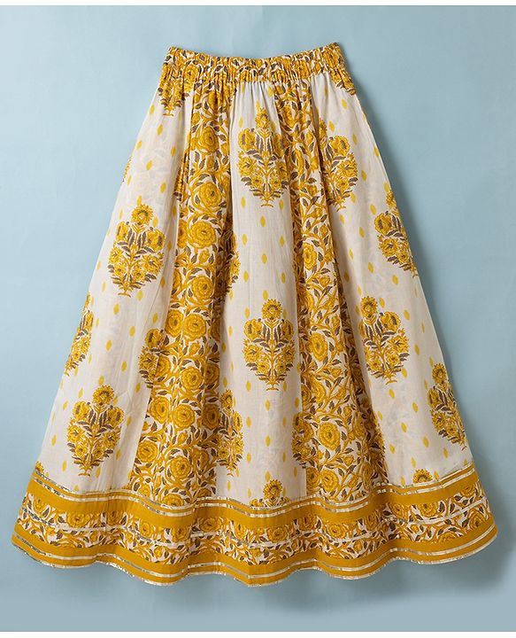Pine Kids 100% Cotton Woven Sleeveless Choli and Lehenga Set With Dupatta & Floral Print in White