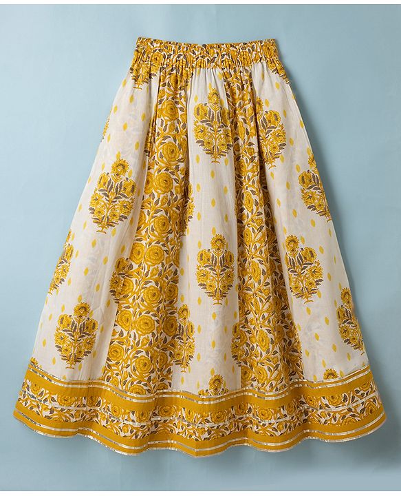 Pine Kids 100% Cotton Woven Sleeveless Choli and Lehenga Set With Dupatta & Floral Print in White