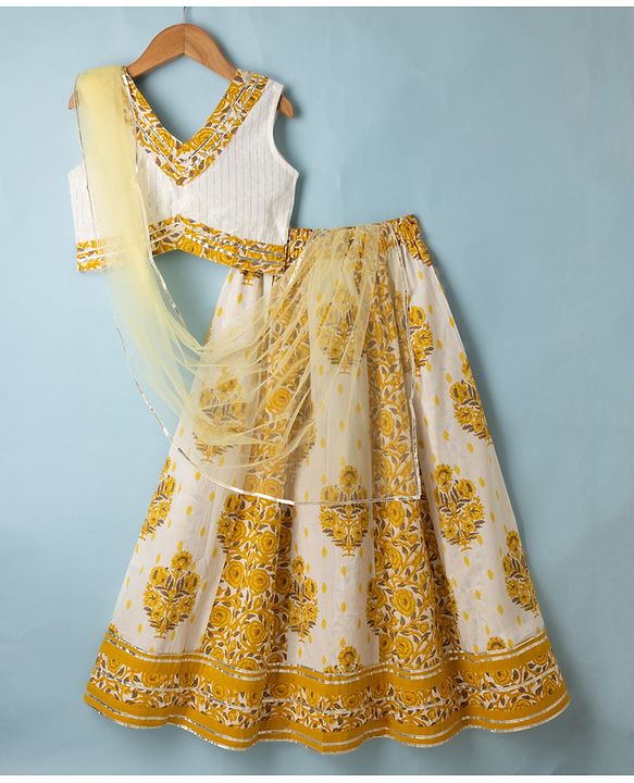 Pine Kids 100% Cotton Woven Sleeveless Choli and Lehenga Set With Dupatta & Floral Print in White