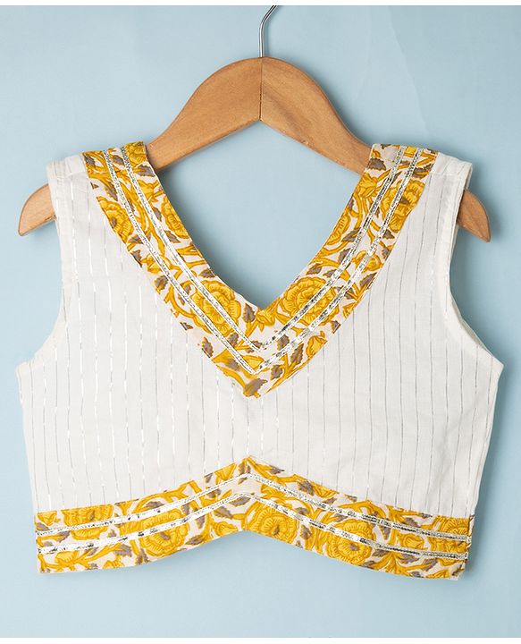 Pine Kids 100% Cotton Woven Sleeveless Choli and Lehenga Set With Dupatta & Floral Print in White