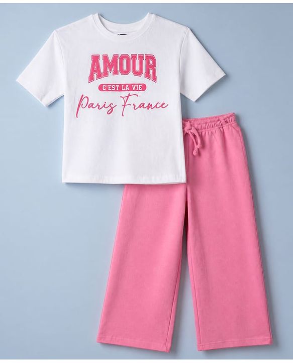 Pine Kids 100% Cotton Knit Half Sleeves Top and Pant Set with Text Print in White