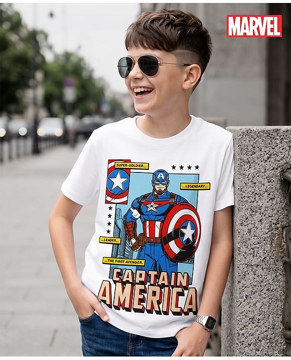 Pine Kids Marvel Cotton Single Jersey Knit Half Sleeves T-Shirts with Captain America Print in White