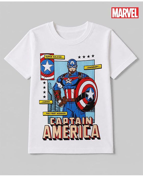 Pine Kids Marvel Cotton Single Jersey Knit Half Sleeves T-Shirts with Captain America Print in White