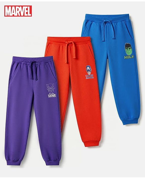 Pine Kids Marvel 100% Cotton Terry Knit Jogger Fit Full Length Pants Pack Of 3 - Blue Red & Purple