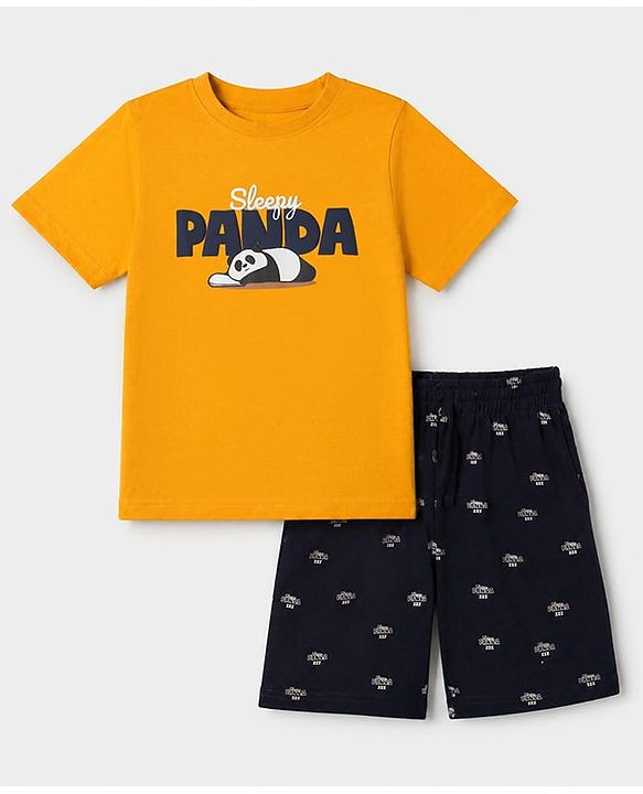 Pine Kids 100% Cotton Knit Half Sleeves T-Shirt & Shorts Night Suit With Panda Print & Bio Finsh - Orange