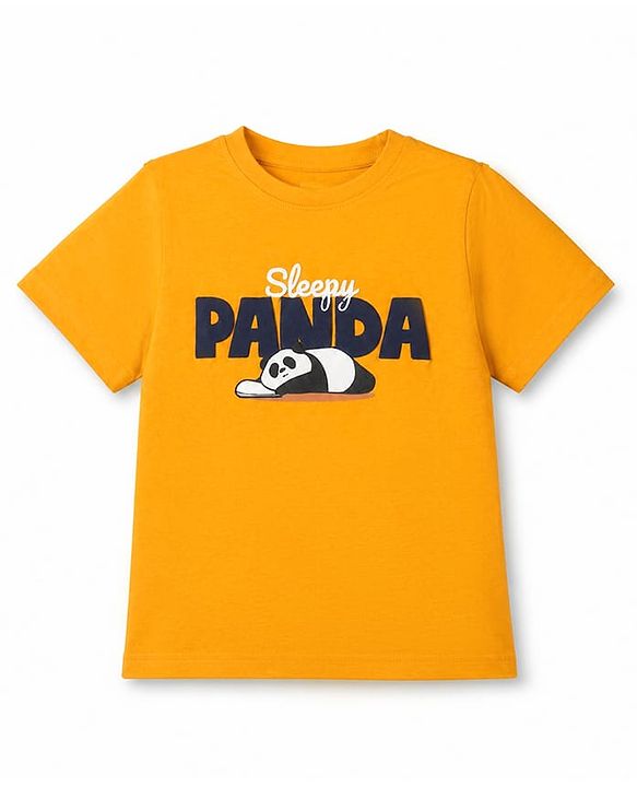 Pine Kids 100% Cotton Knit Half Sleeves T-Shirt & Shorts Night Suit With Panda Print & Bio Finsh - Orange