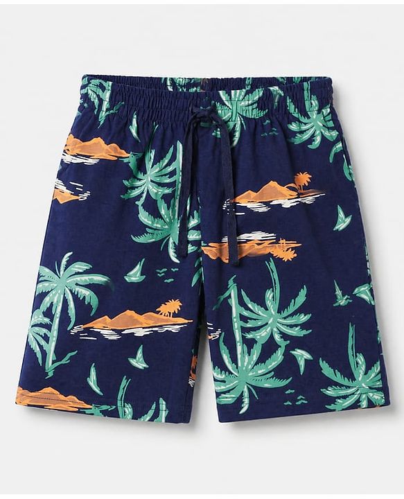 Pine Kids 100% Cotton Knit Half Sleeves T-shirt & Shorts With Palm Tree Print - Green