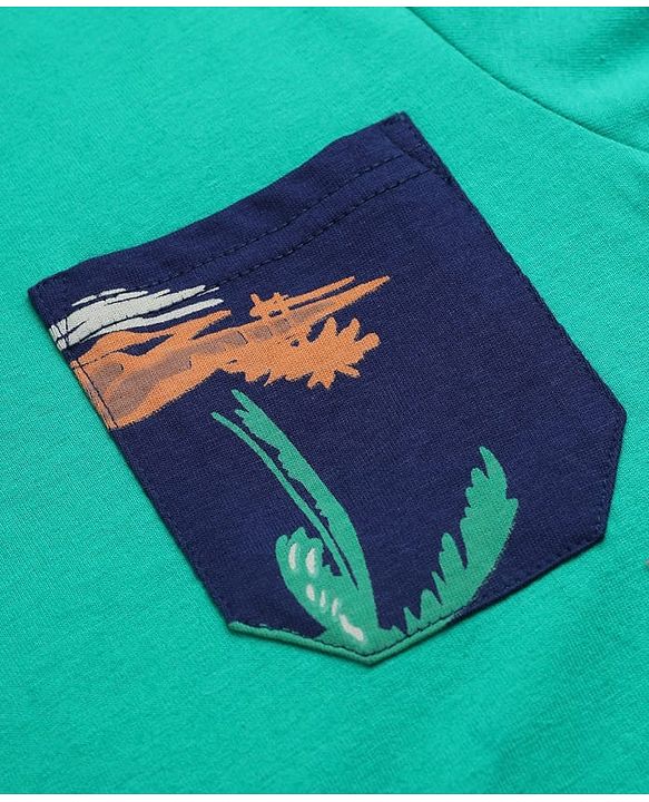Pine Kids 100% Cotton Knit Half Sleeves T-shirt & Shorts With Palm Tree Print - Green