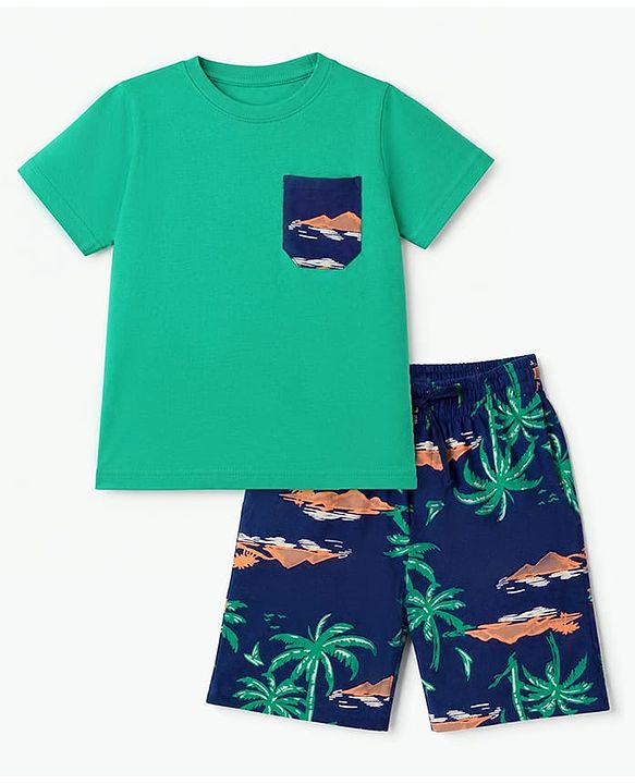 Pine Kids 100% Cotton Knit Half Sleeves T-shirt & Shorts With Palm Tree Print - Green
