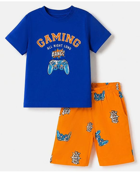 Pine Kids 100% Cotton Knit Half Sleeves T-Shirt & Shorts Night Suit With Video Game Print & Bio Finsh - Blue