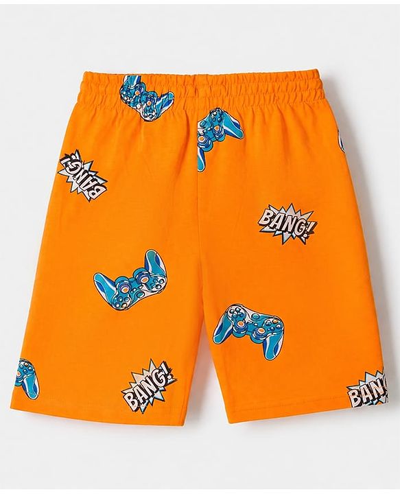 Pine Kids 100% Cotton Knit Half Sleeves T-Shirt & Shorts Night Suit With Video Game Print & Bio Finsh - Blue