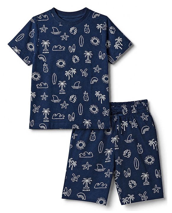 Pink Kids Cotton Knit Full Sleeves T-Shirt & Short Night Suit With Leaves Print -Blue