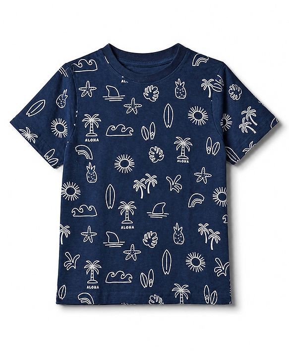 Pink Kids Cotton Knit Full Sleeves T-Shirt & Short Night Suit With Leaves Print -Blue