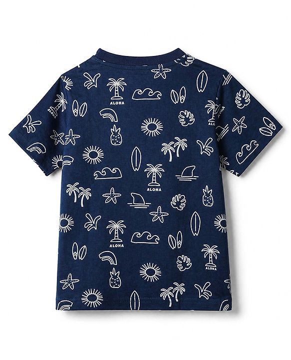 Pink Kids Cotton Knit Full Sleeves T-Shirt & Short Night Suit With Leaves Print -Blue