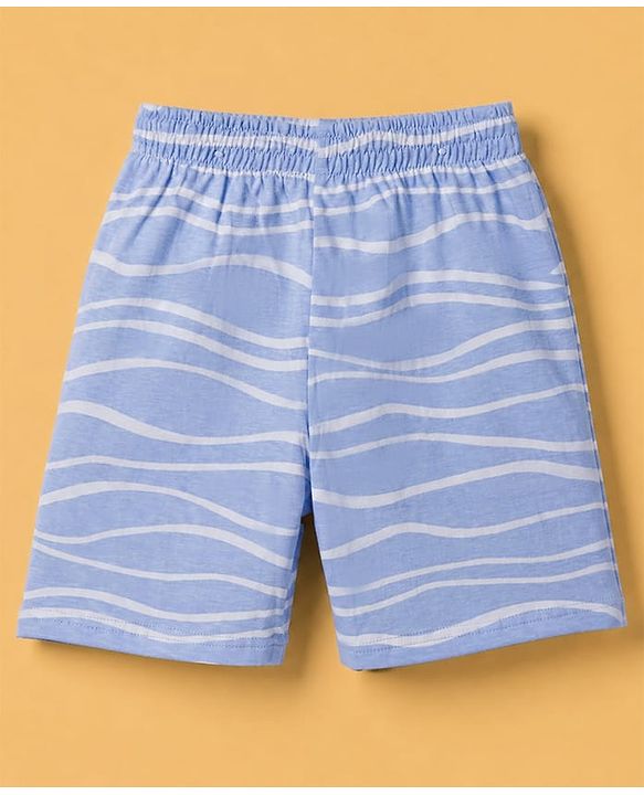 Pine Kids 100% Cotton Knit Half Sleeves Co-ords T-Shirt & Shorts Night Suit With Wave Print & Bio Finsh - Blue