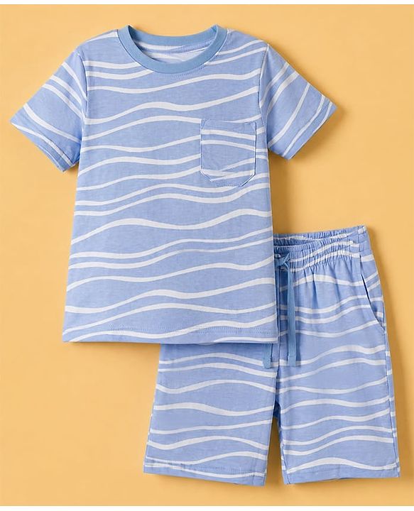Pine Kids 100% Cotton Knit Half Sleeves Co-ords T-Shirt & Shorts Night Suit With Wave Print & Bio Finsh - Blue