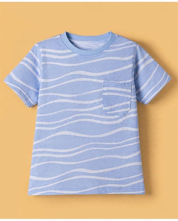 Pine Kids 100% Cotton Knit Half Sleeves Co-ords T-Shirt & Shorts Night Suit With Wave Print & Bio Finsh - Blue