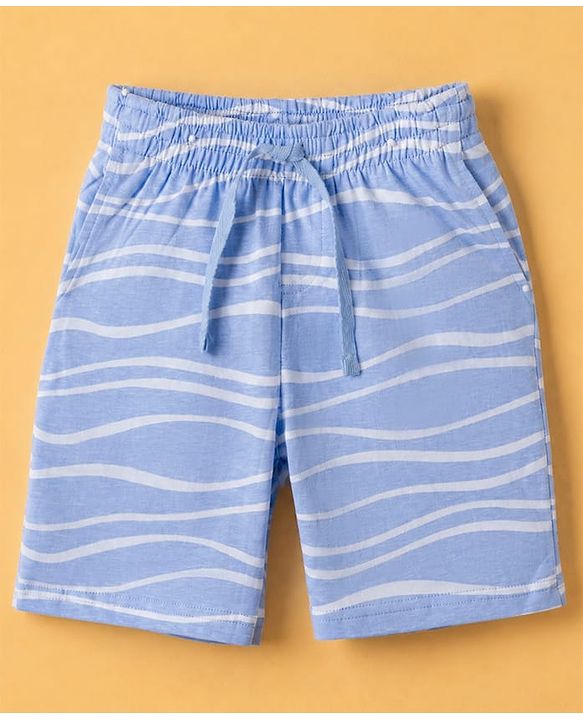 Pine Kids 100% Cotton Knit Half Sleeves Co-ords T-Shirt & Shorts Night Suit With Wave Print & Bio Finsh - Blue