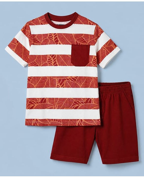 Pink Kids 100% Cotton Knit Full Sleeves T-Shirt & Short With Leaves Print-Brown
