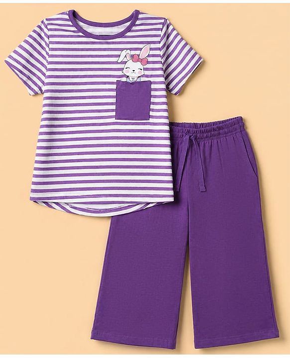 Pine Kids 100% Cotton Knit Half Sleeves T-Shirt & Pyjama Night Suit With Rabbit Print & Bio Finish - Purple