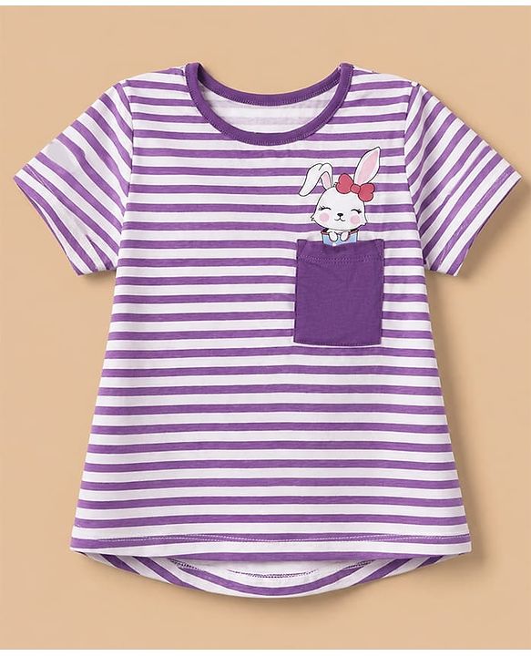 Pine Kids 100% Cotton Knit Half Sleeves T-Shirt & Pyjama Night Suit With Rabbit Print & Bio Finish - Purple
